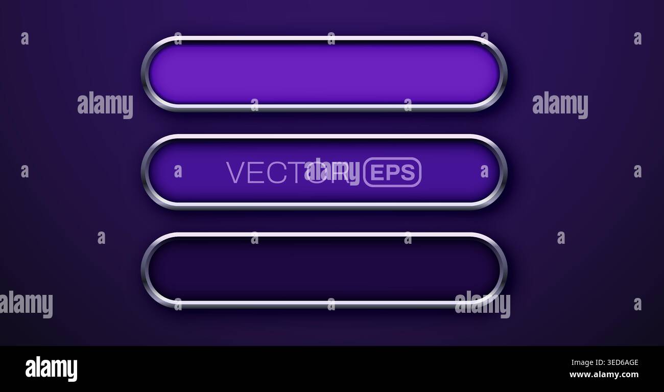 Modern purple glossy web buttons with metallic frames for user interface design. Vector illustration Stock Vector