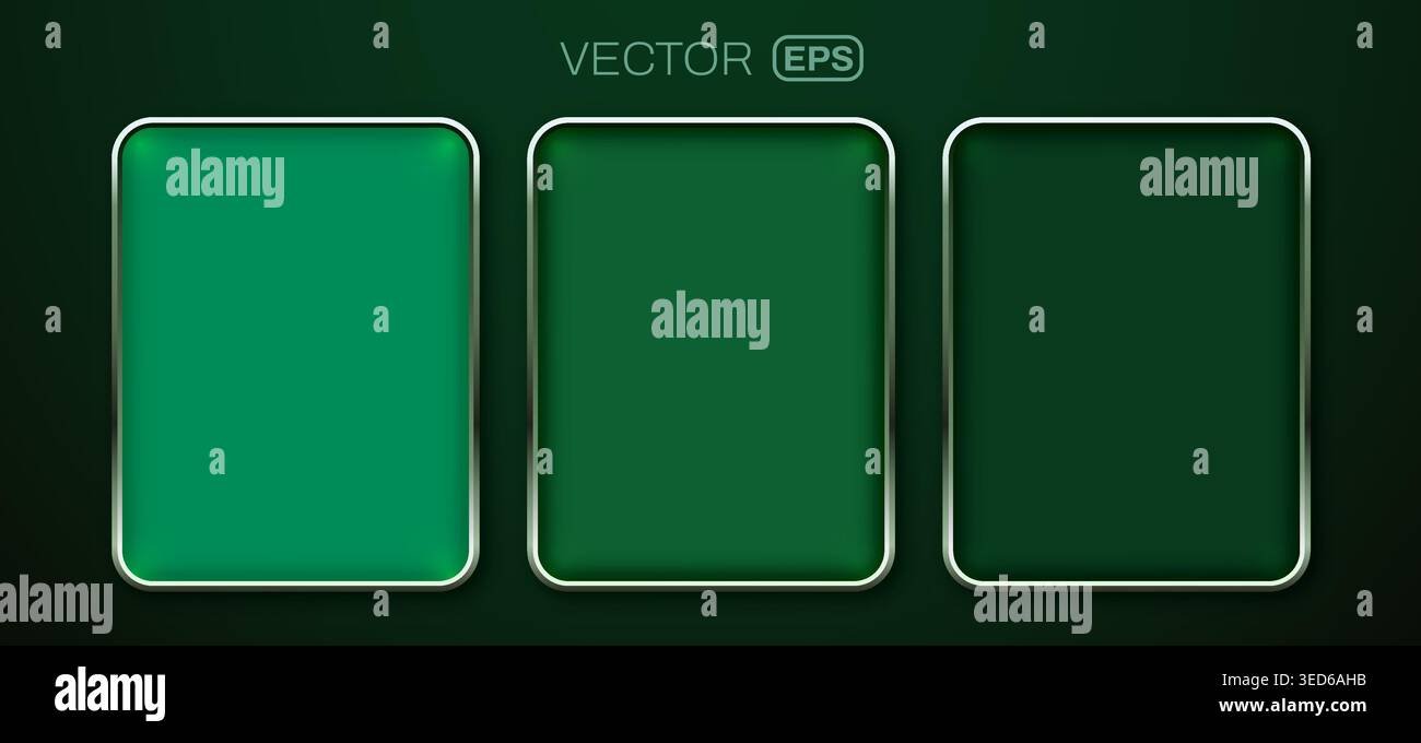 Green glossy web buttons with metallic borders for interface design. Vector illustration. Stock Vector