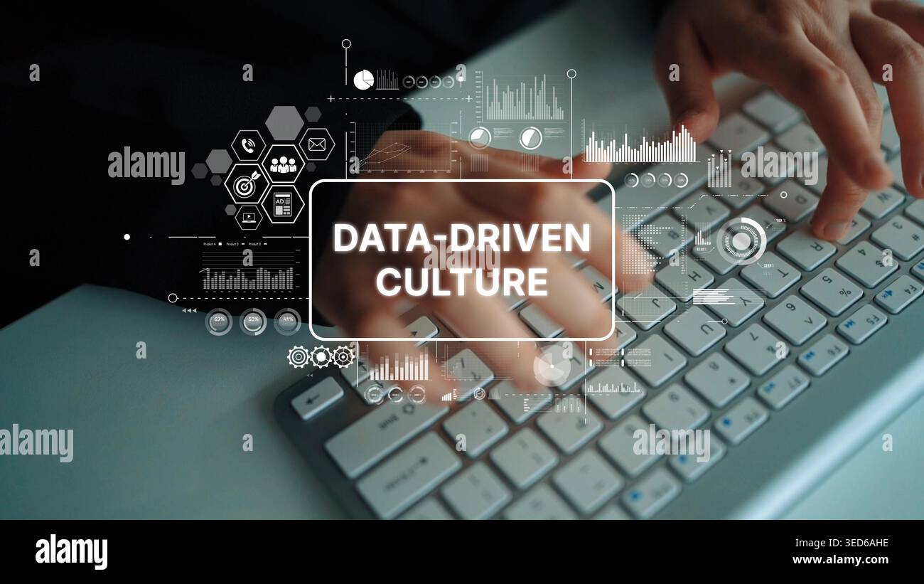 Hands Typing on Keyboard with Data Visualization Elements for Data-Driven Culture Concept in Business Environment. Asymptotic smart data analytic. Stock Photo