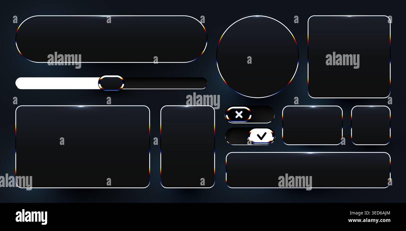 Modern dark UI interface elements with glowing glass borders for digital app design. Vector illustration. Stock Vector