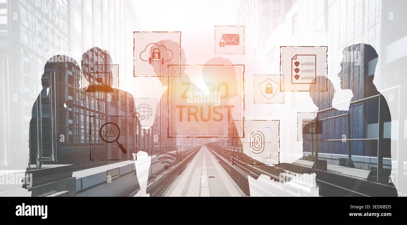 Zero trust model enhances data protection. Zero trust blocks unauthorized access, secures devices, zero trust defends networks, and zero trust Stock Photo