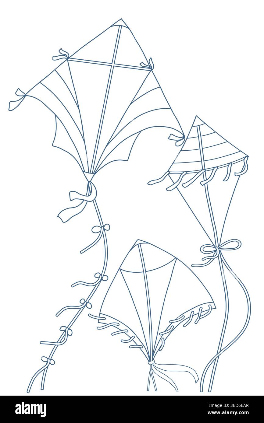 Blue Line Art Flying Kites Vector Illustration Stock Vector