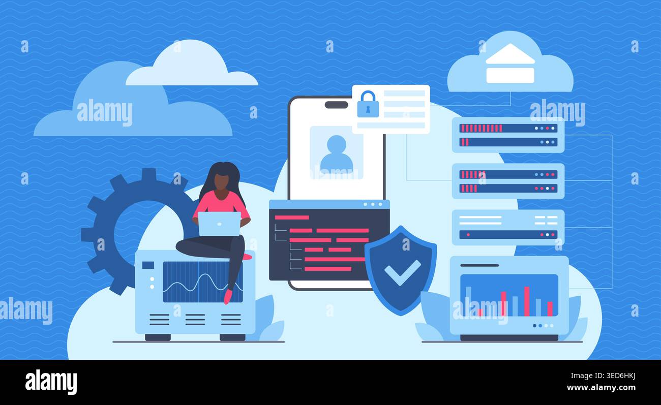 Cloud database concept with developer working on laptop, secure server storage, analytics dashboards, and mobile access interface in modern flat style technology vector illustration Stock Vector