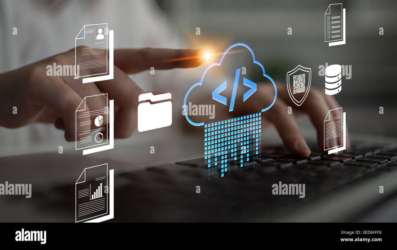 Abstract Concept of Cloud Computing with User Interaction, Data Security, and Document Management, Representing Digital Transformation in Business Stock Photo