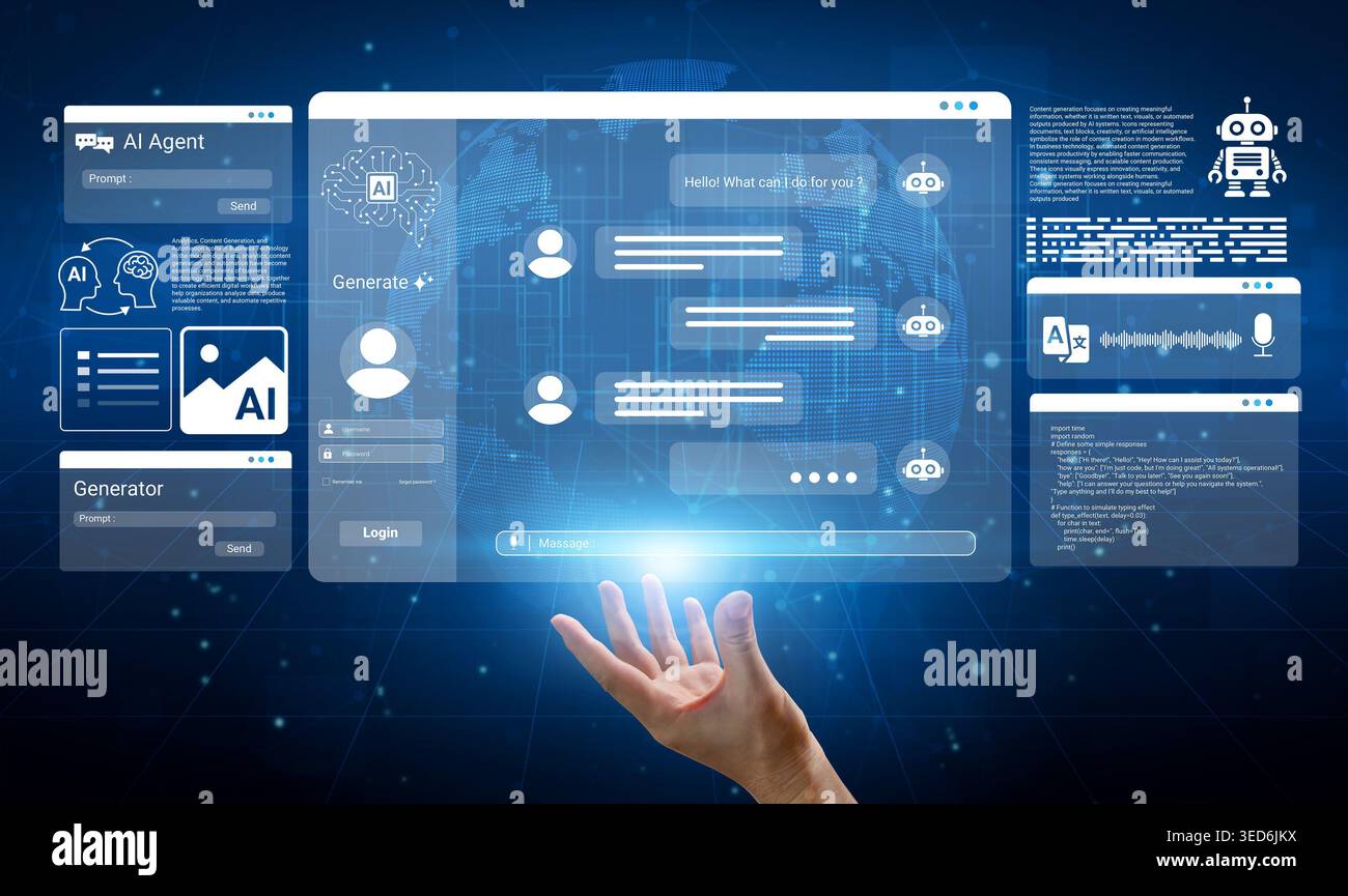 This digital representation showcases an AI chatbot interface with user interactions, emphasizing modern design and advanced technology features for Stock Photo