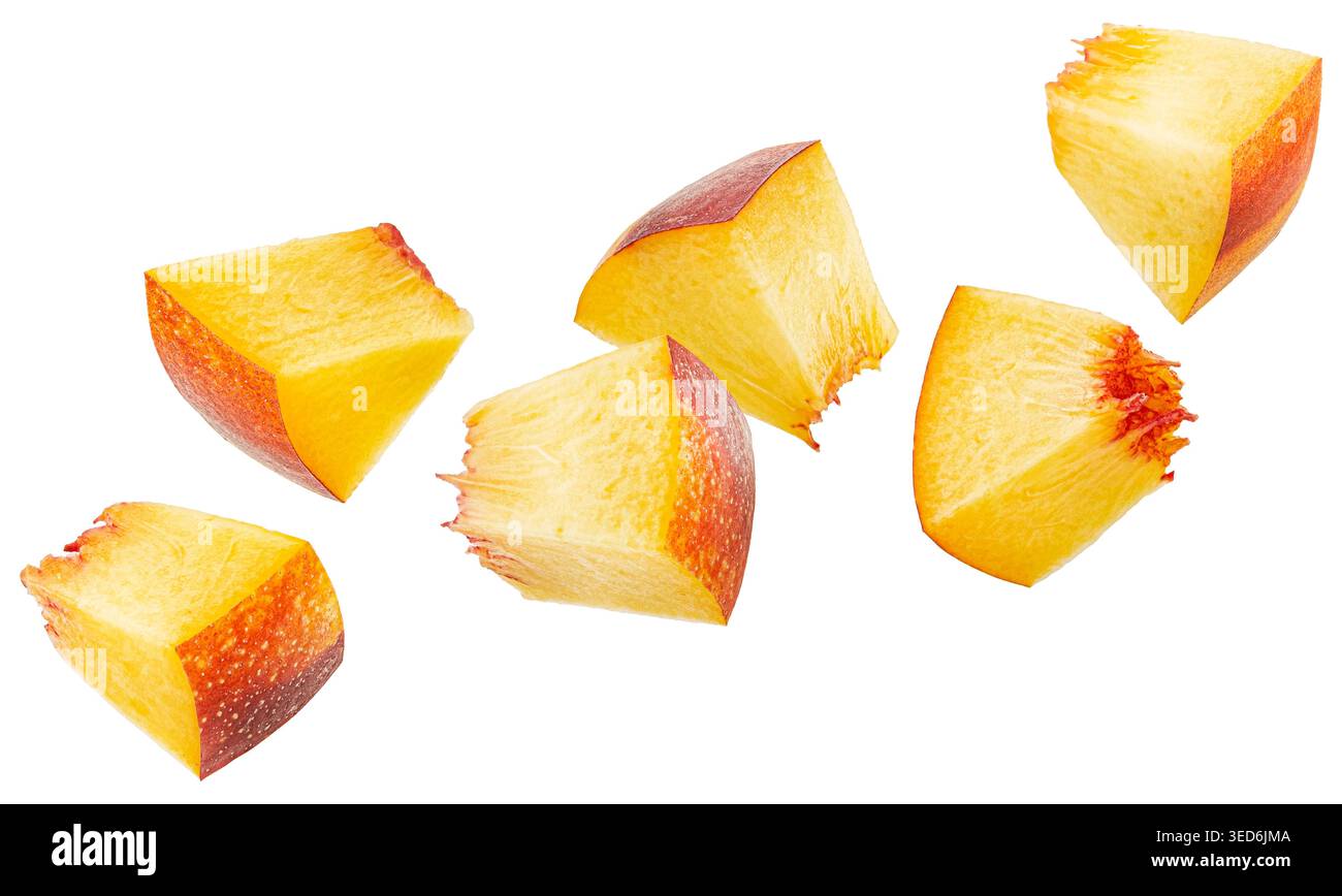 Falling peach cubes isolated on white background Stock Photo