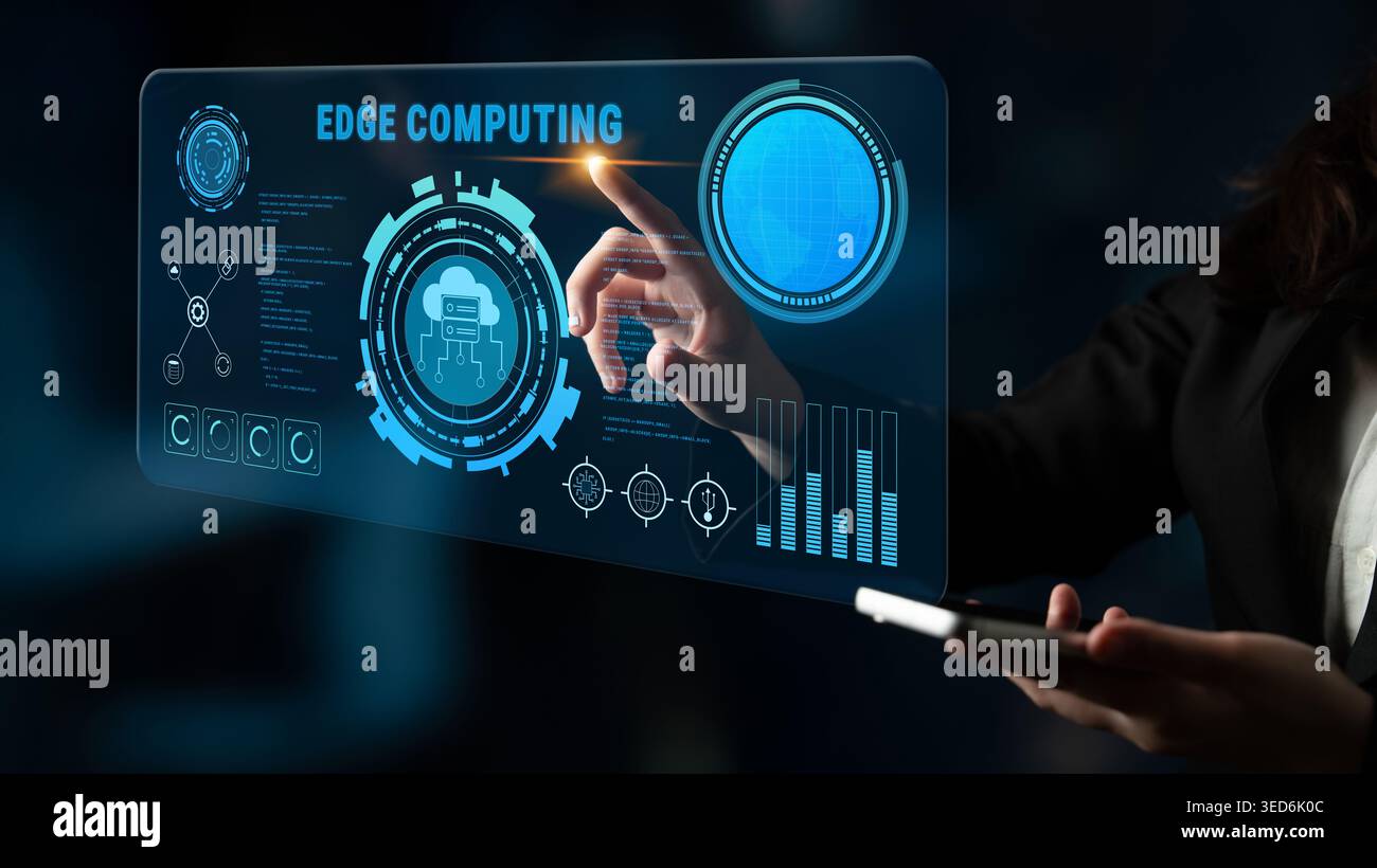 Edge computing technology for decentralized data processing and analysis. This solution improves speed and reliability by processing data locally Stock Photo