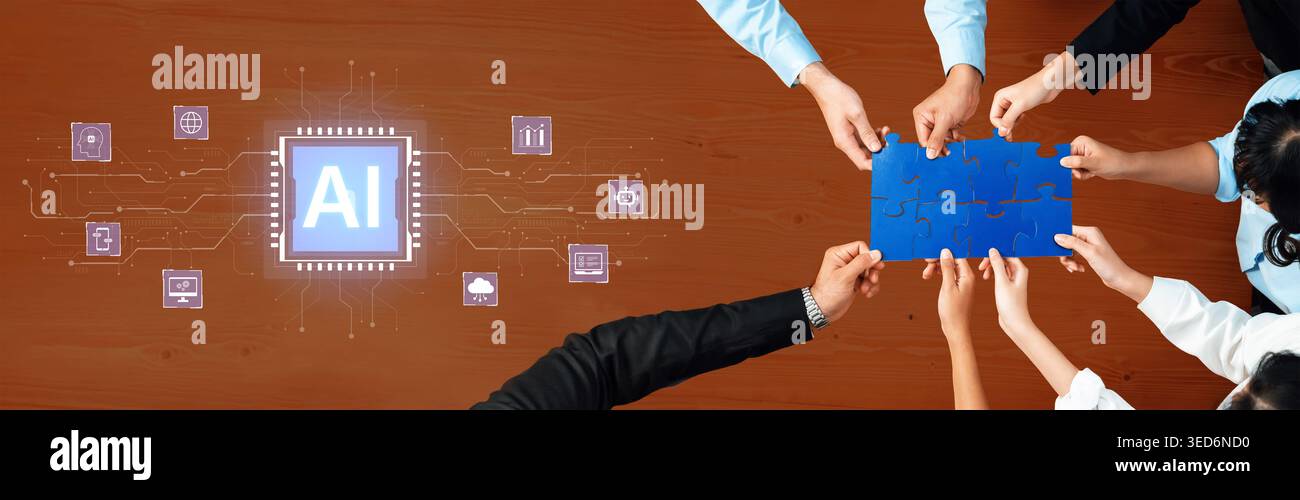 Centralized AI microchip on futuristic circuit board. AI process cloud computing, data analytics, and smart AI automation. Concept for hardware brain Stock Photo