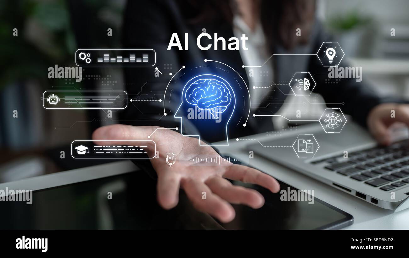 AI chatbot interface for customer support and automated messaging. Chatbot conversation, automation, analytics, AI user experience for modern digital Stock Photo