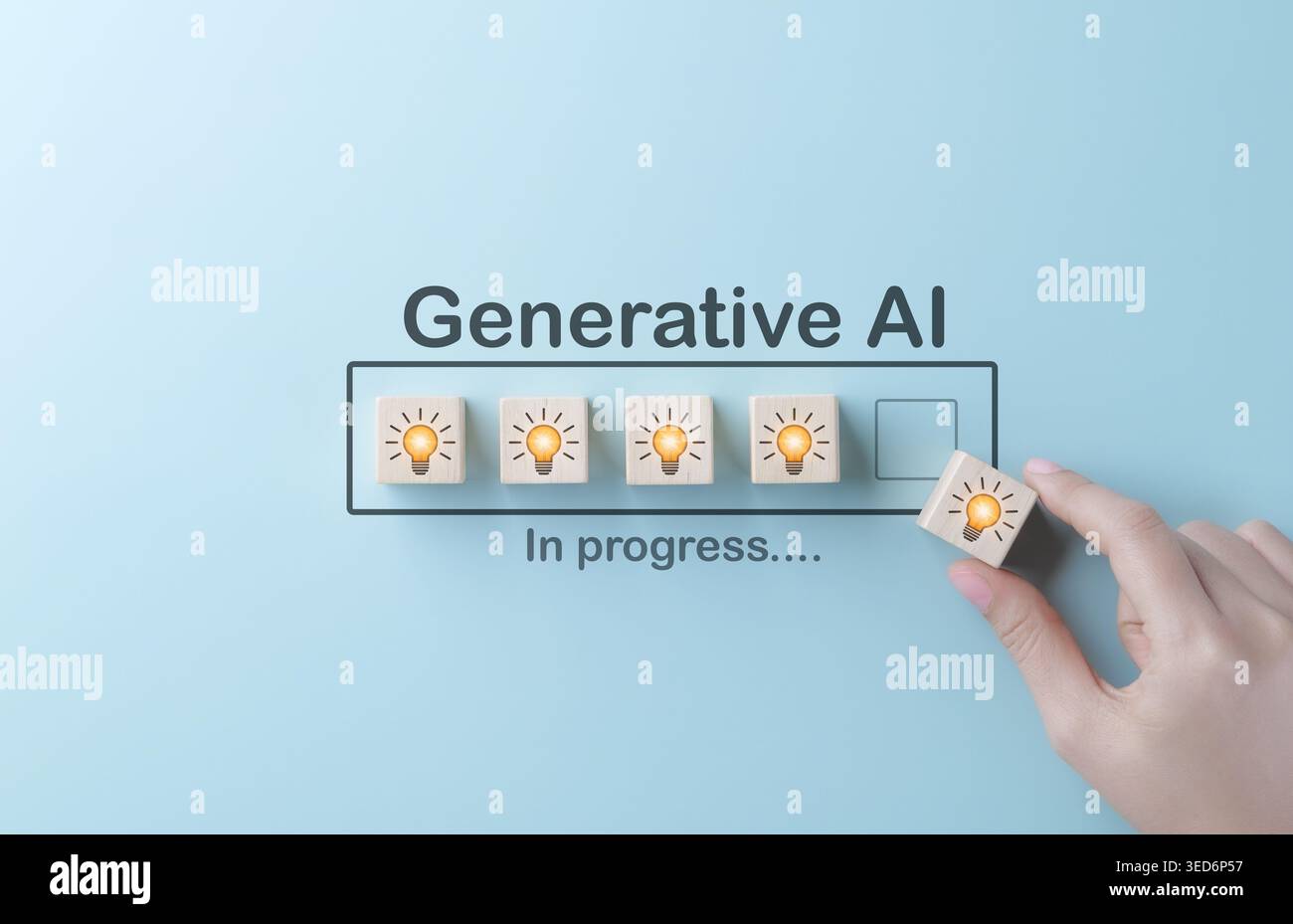 Generative AI progress and creative innovation concept. Hand placing light bulb block into loading bar, showing artificial intelligence development, Stock Photo