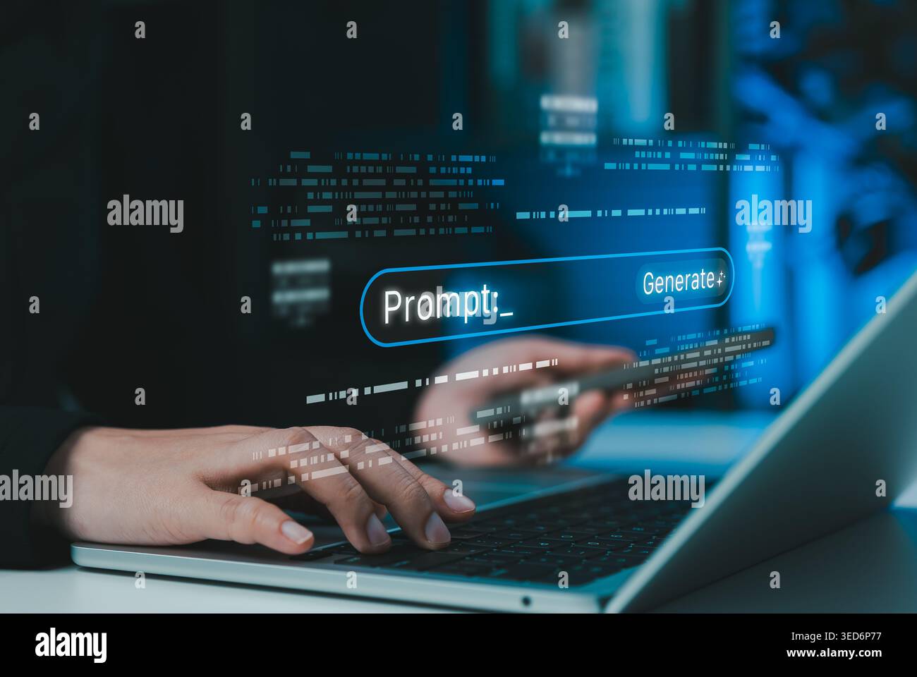 Generative AI prompt engineering concept. Person typing command on laptop with search bar, prompt interface, generate button, coding data Stock Photo