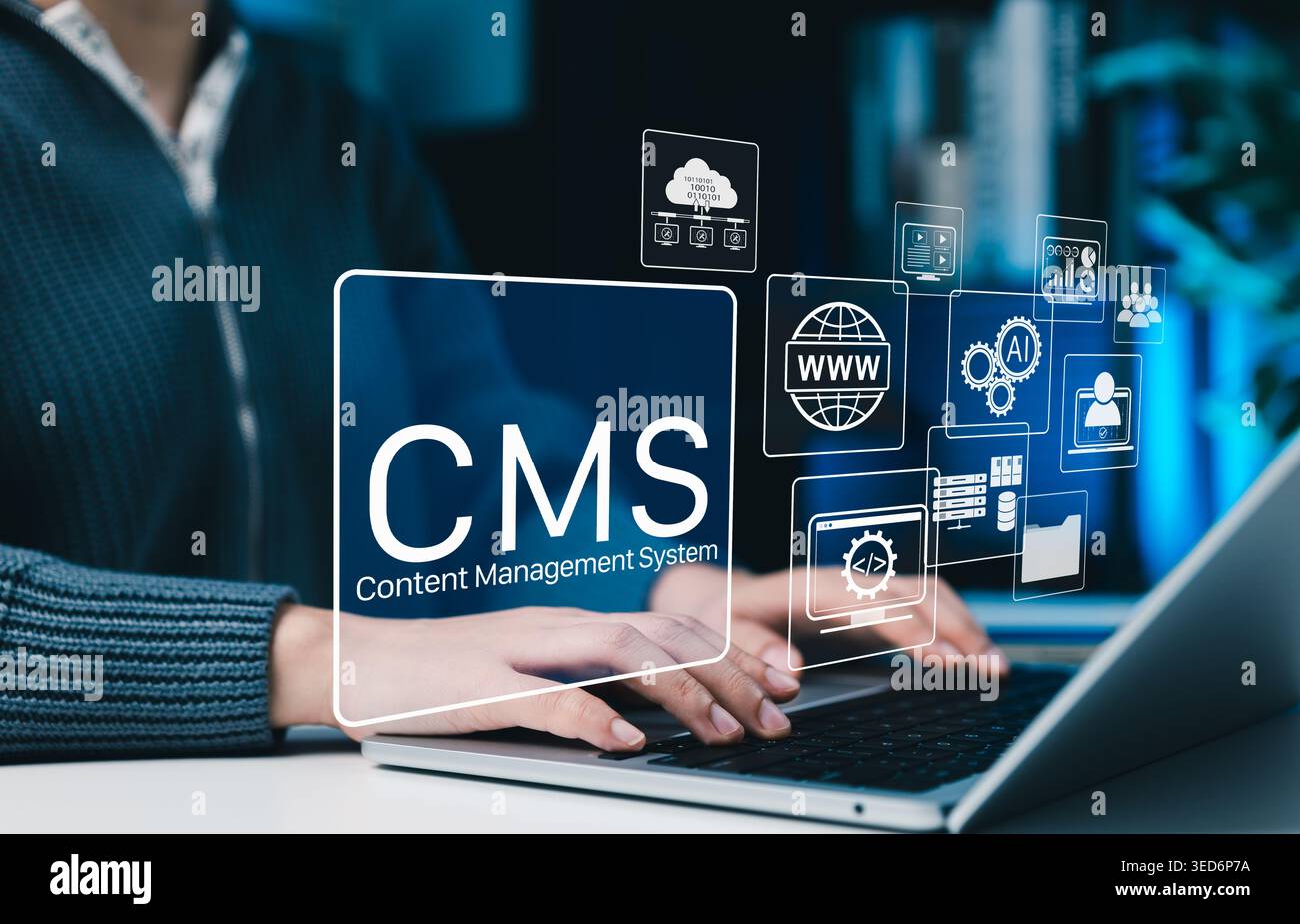 CMS content management system and website automation concept, professional using laptop with icons for web publishing, cloud data, AI tools, software, Stock Photo