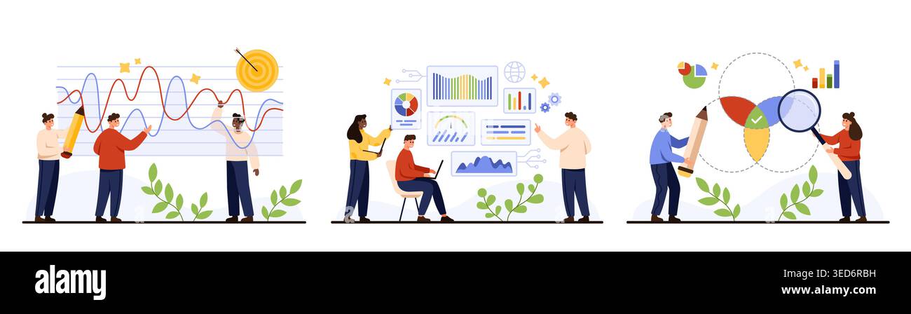 Business people team analyzing graphs charts data, planning strategy, presenting statistics dashboard, collaboration concept with diagrams and growth metrics isolated on white vector illustration Stock Vector