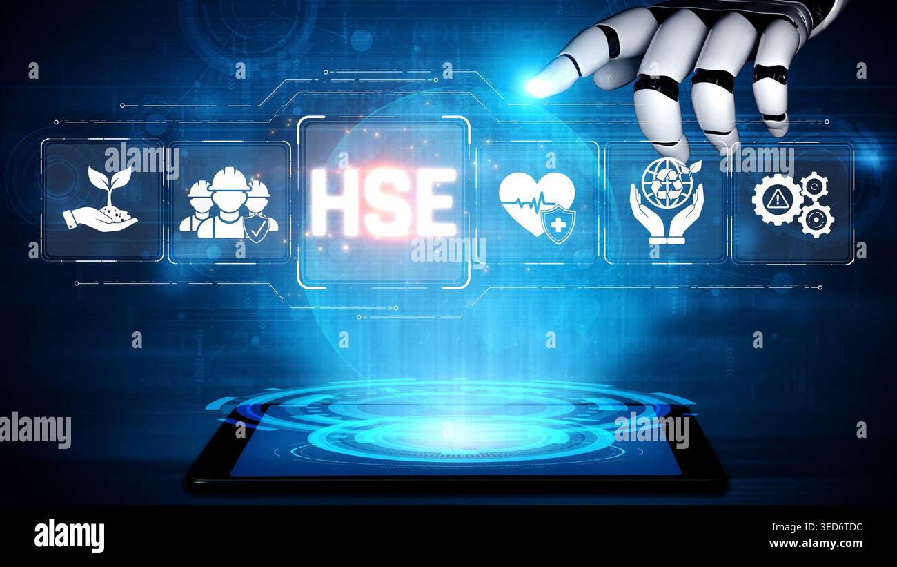 Futuristic Digital Interface with Robot Hand Interacting with HSE Icons and Data Visualization in a Tech-Driven Environment Sigmoid Stock Photo