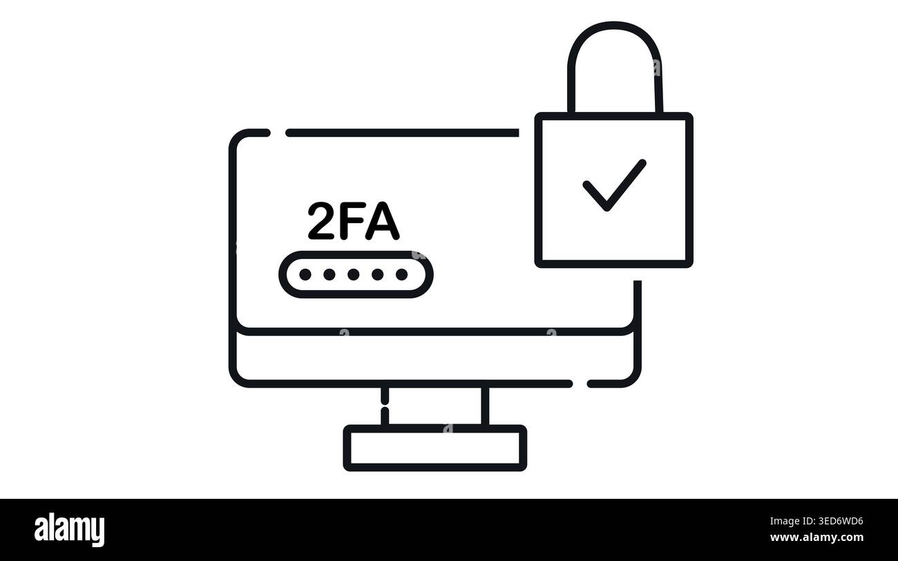 Computer 2FA authentication icon: desktop PC with two-factor authentication text and verified padlock Stock Vector