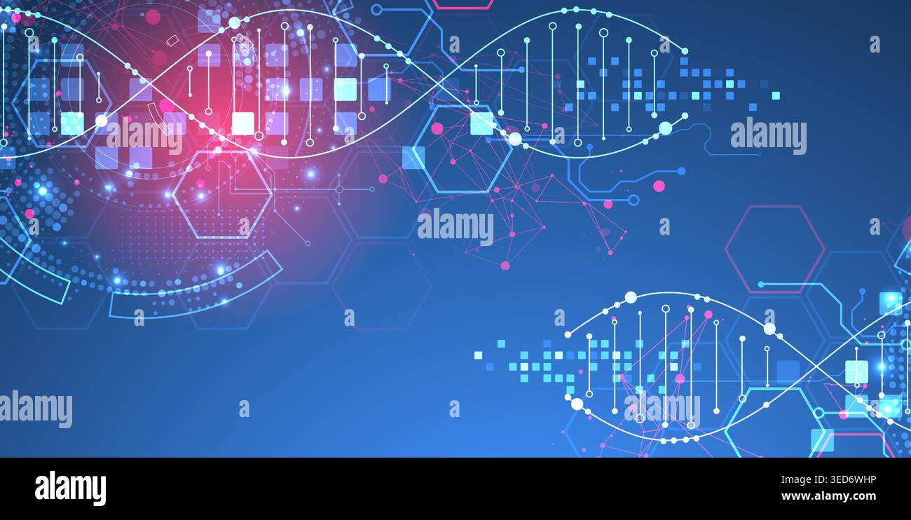 Scientific and technological background. Image of dna molecule with technological elements. Stock Vector