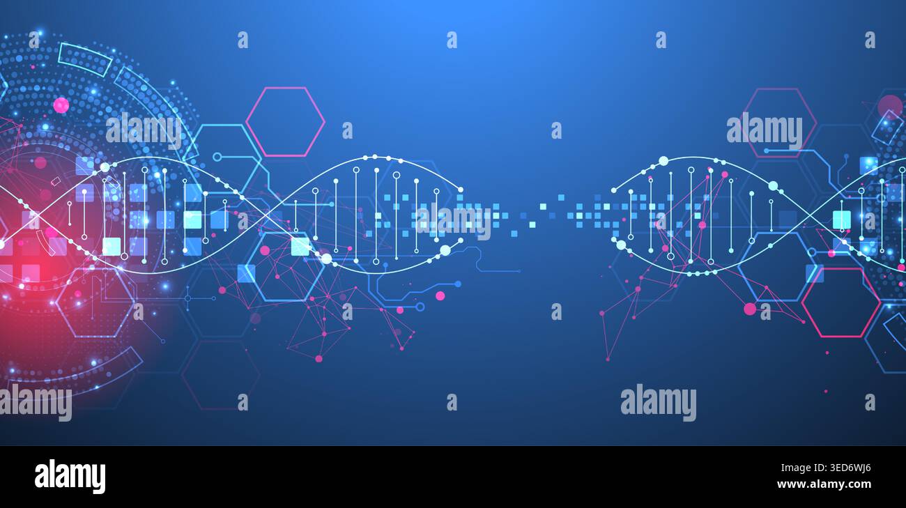 Scientific and technological background. Image of dna molecule with technological elements. Stock Vector