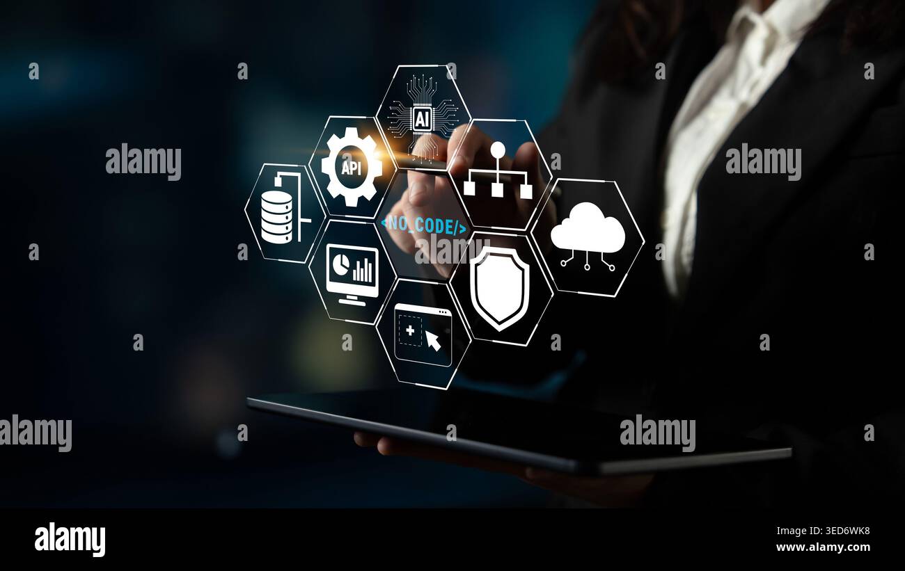 Business Professional Interacting with Digital Interface Featuring Technology Icons for API, Data, Coding, and Cloud Solutions Quark. Stock Photo