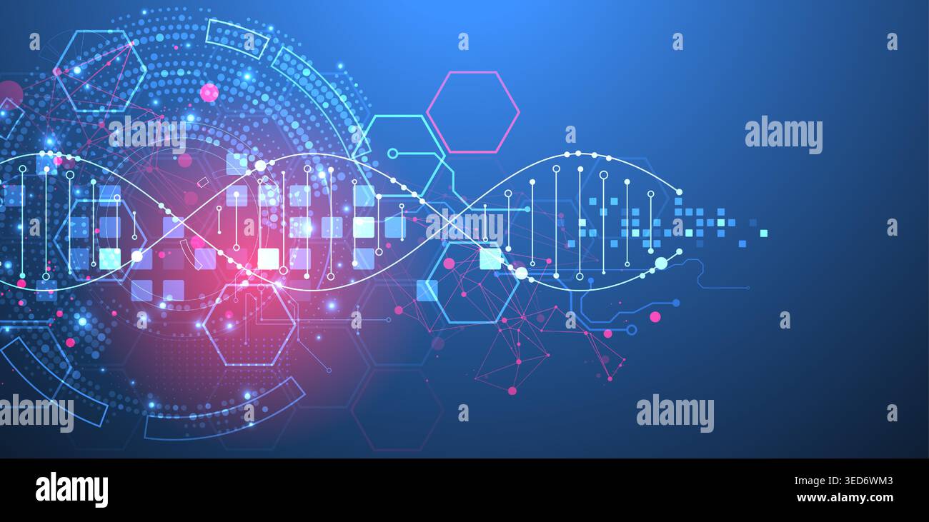 Scientific and technological background. Image of dna molecule with technological elements. Stock Vector