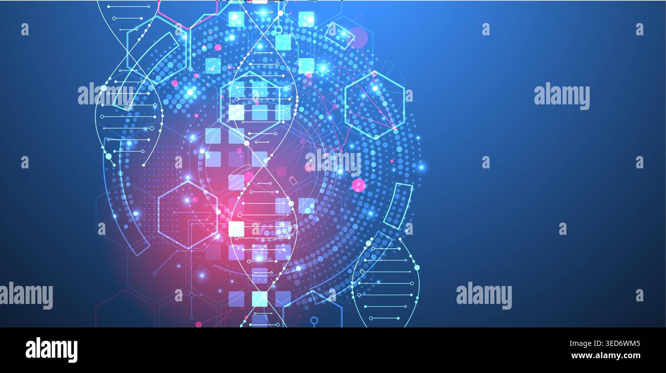 Scientific and technological background. Image of dna molecule with technological elements. Stock Vector