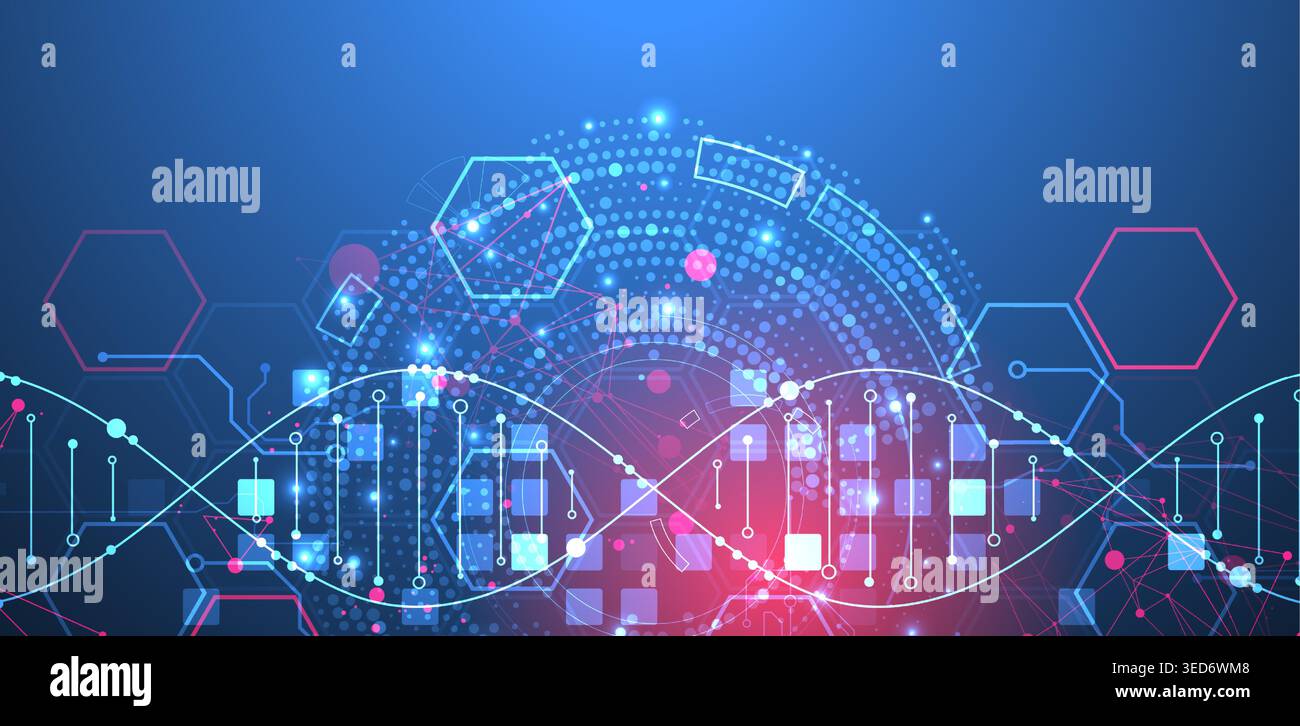 Scientific and technological background. Image of dna molecule with technological elements. Stock Vector