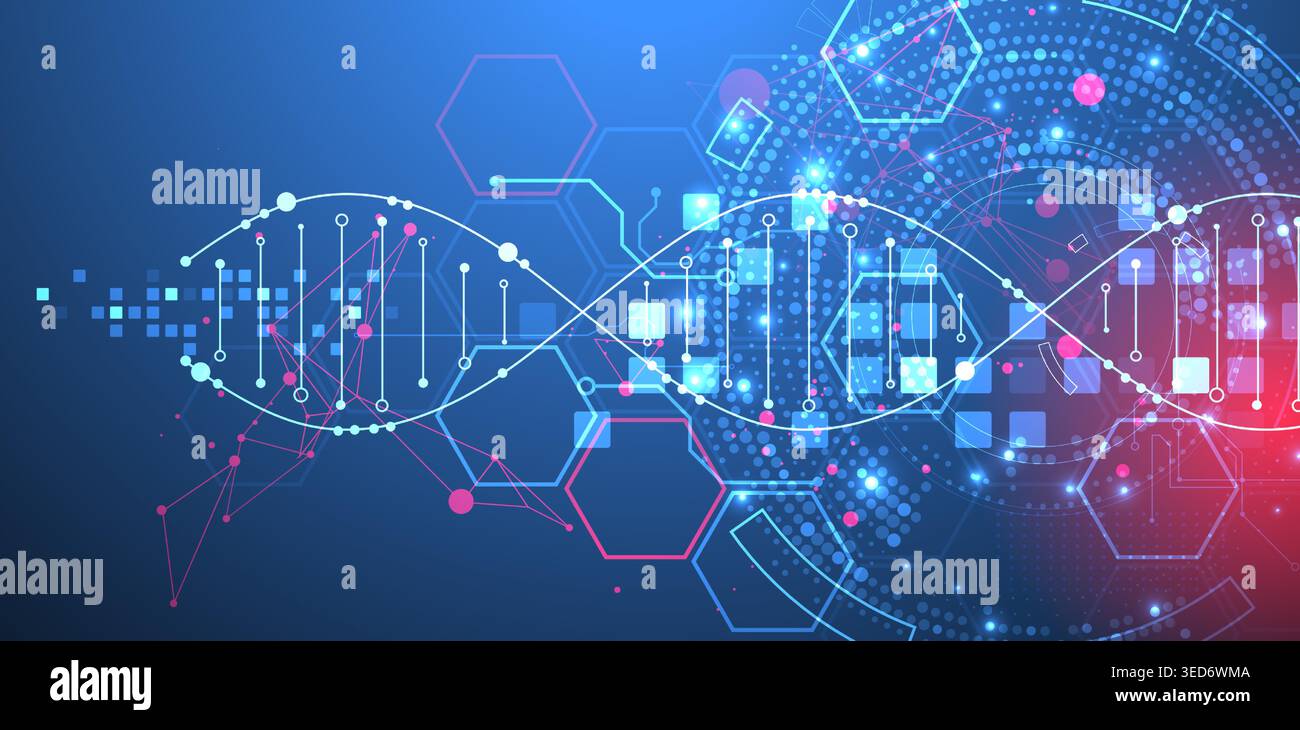 Scientific and technological background. Image of dna molecule with technological elements. Stock Vector