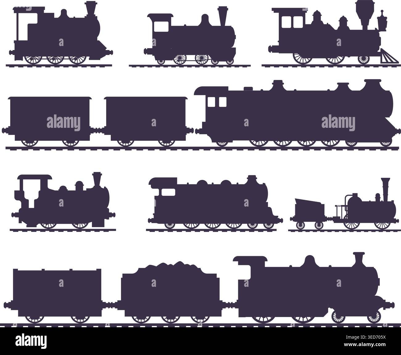 Steam trains. silhouettes of retro railway transport vector trains set Stock Vector