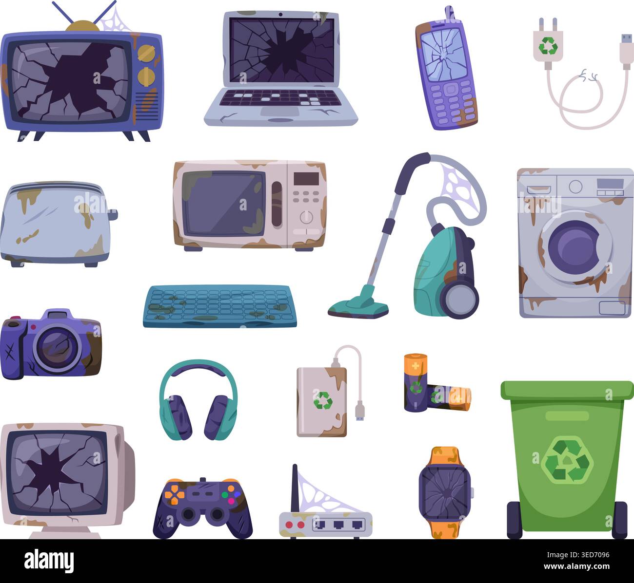 Electronic recycling. Broken electronics appliances exact vector old style computer components Stock Vector