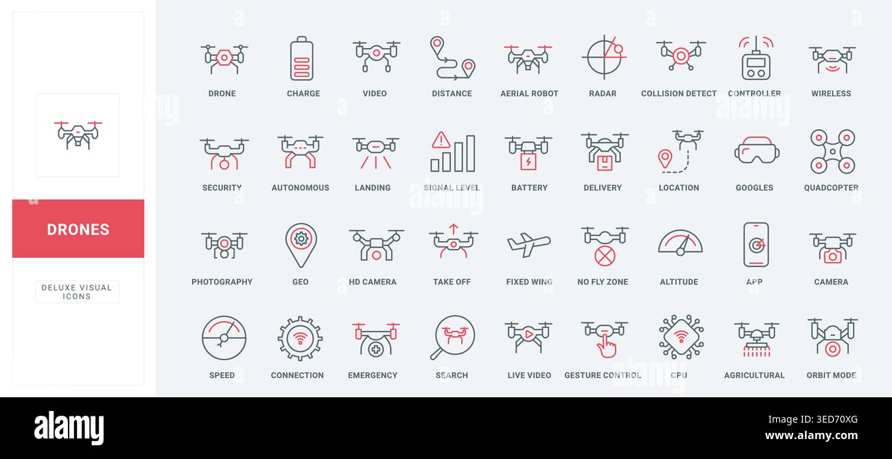 Drone technology symbols for aerial navigation, delivery, surveillance ...