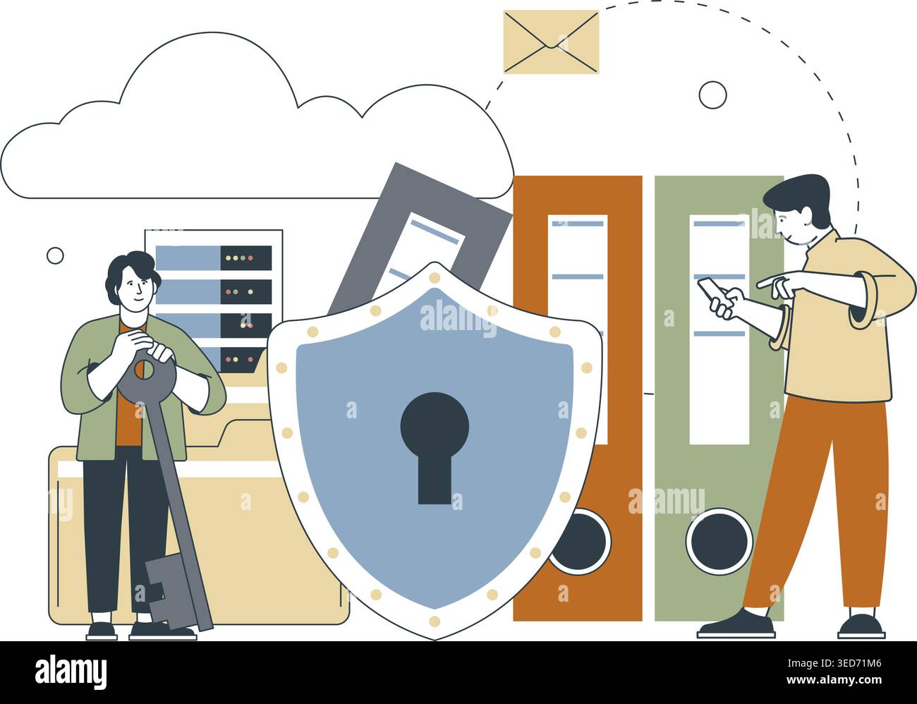 Cloud storage security. User with smartphone using online safety files and mail. Developers or cyber programmer, it technologies, modern lifestyle Stock Vector