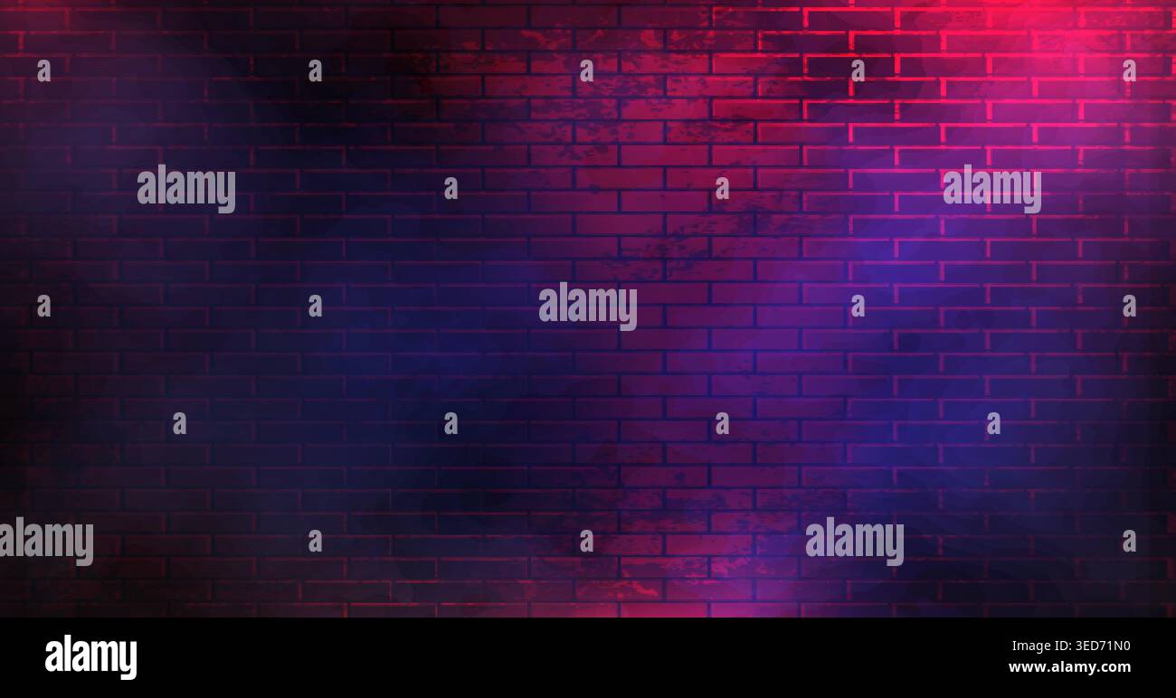 Dark Cyber Brick Wall Texture. Neon Glow Background. Stock Vector