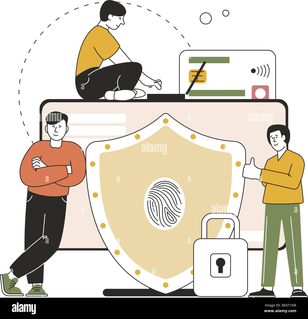 Cyber security concept. Developers and programmers working with laptop and programming safety apps. Banking, online data bases, it sector vector scene Stock Vector