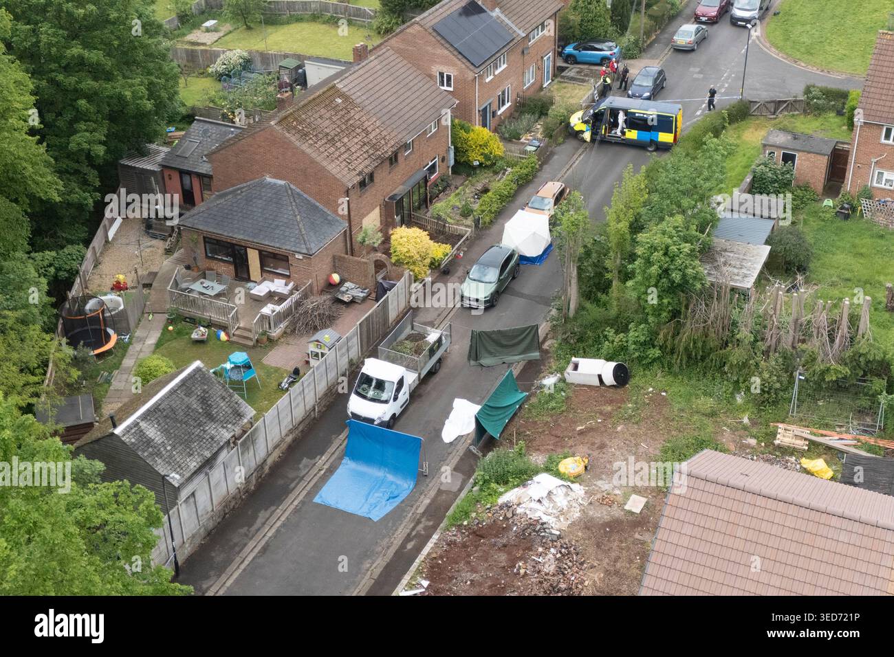 Emergency services remain at the scene, where a man and a woman died and three people, including a child, were taken to hospital following a "suspicious" explosion at an address in Sterncourt Road, Bristol, at around 6.30am on Sunday. Avon and Somerset Police declared a major incident after the explosion, officers were also carrying out a search at a property in Speedwell which is linked to the man who died. Picture date: Monday May 4, 2026. Stock Photo