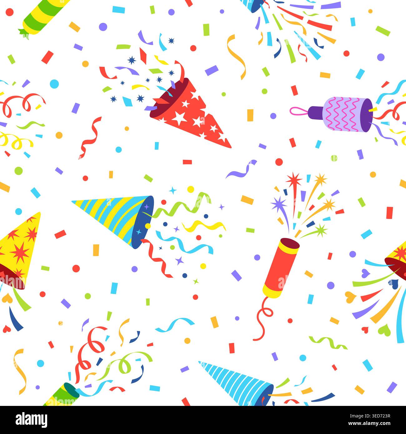 Popper seamless pattern. Colorful firecrackers, confetti, sparks and ribbons. Festival, party holiday texture, fabric textile print design, tidy Stock Vector