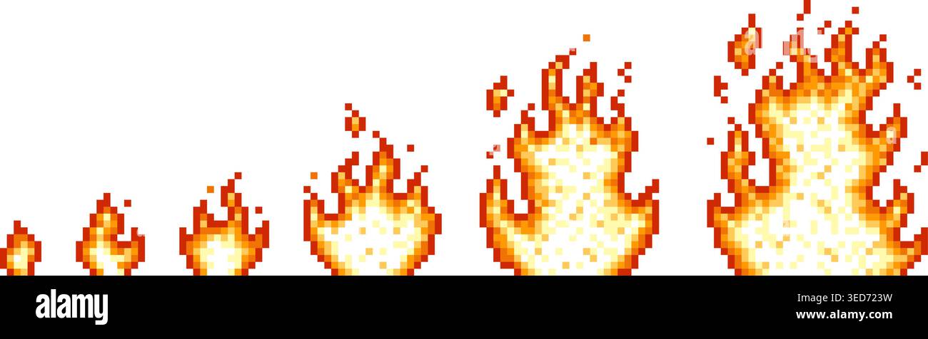 Pixel flame ignition stages. Fire animation, 8 16 bit game design elements. Retro style computer gaming, ui ux design arcade, tidy vector clipart Stock Vector