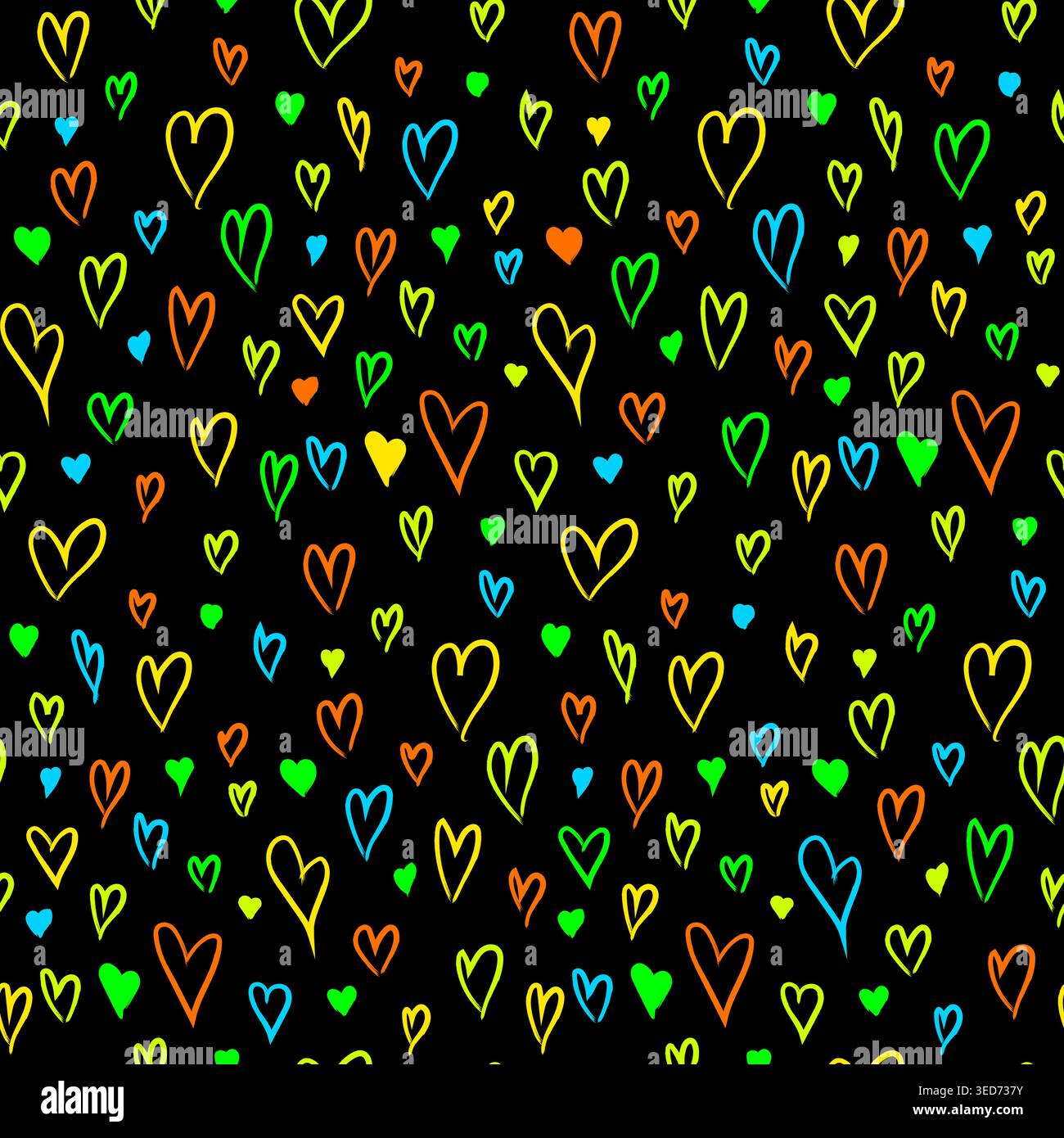 Neon Hearts Seamless Pattern on Black Background Stock Vector