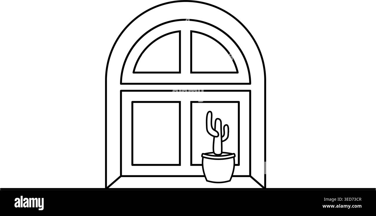 Window With Cactus Minimal Line Drawing Stock Vector