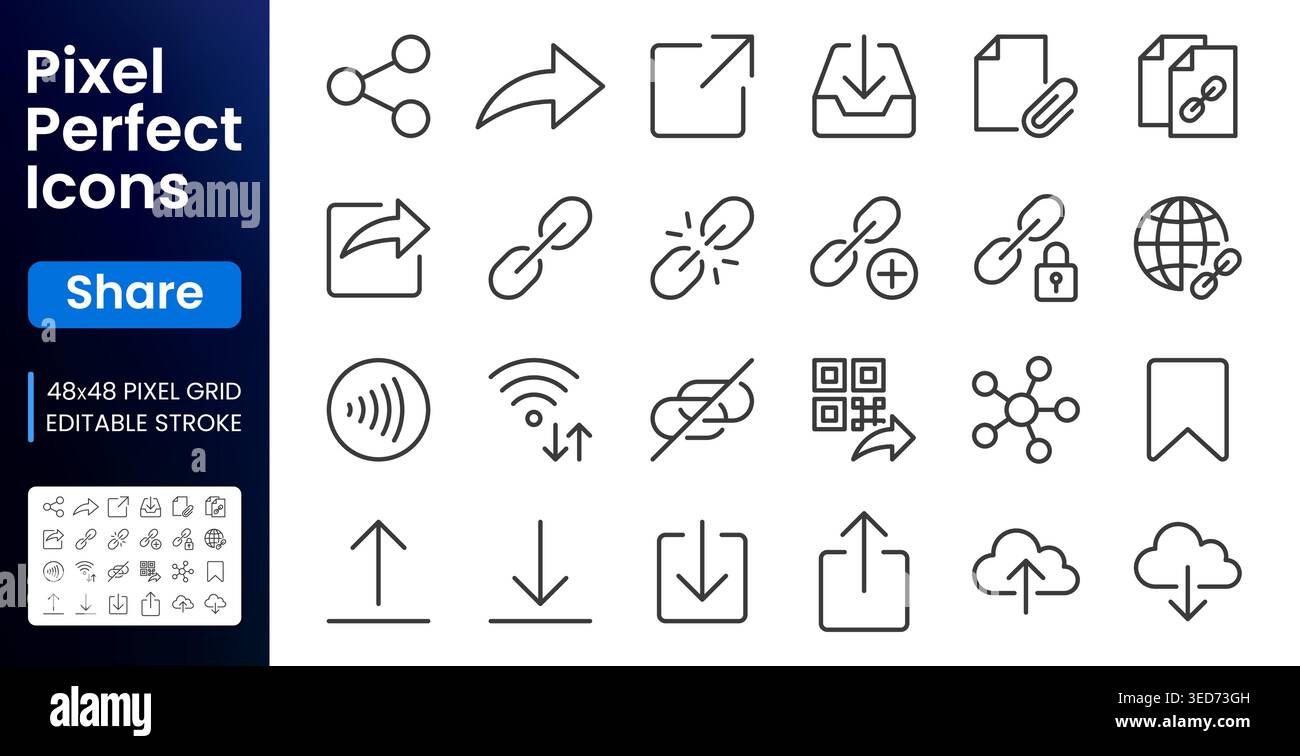 Link share line icons set. Hyperlinks, download, upload, cloud storage, QR code, secure attachment flat minimal vector illustrations. Simple outline Stock Vector
