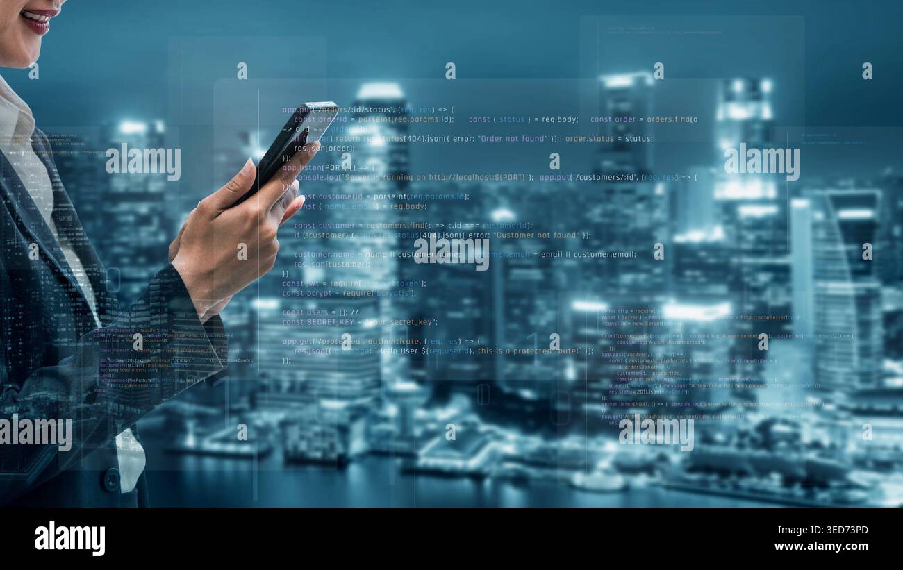 AI accelerates software development through intelligent coding, automation, and debugging support. Software systems become more efficient with AI Stock Photo