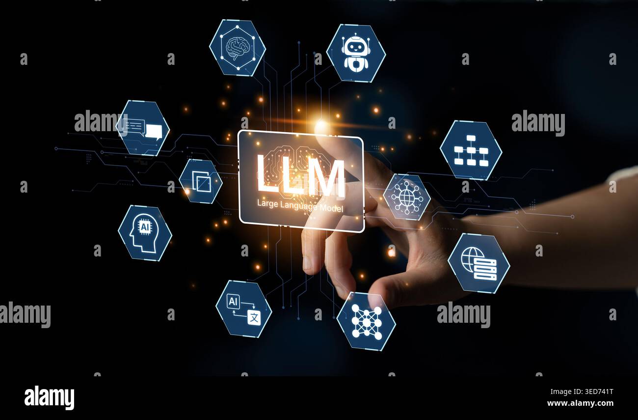 Large Language Model LLM processing data. Represents deep text learning, natural language processing NLP AI tech, transformer architecture, and Stock Photo