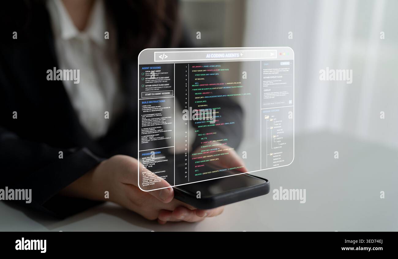 Innovative Technology Concept with Holographic Screen Displaying Code for Modern Programming and Software Development in Professional Environment Stock Photo