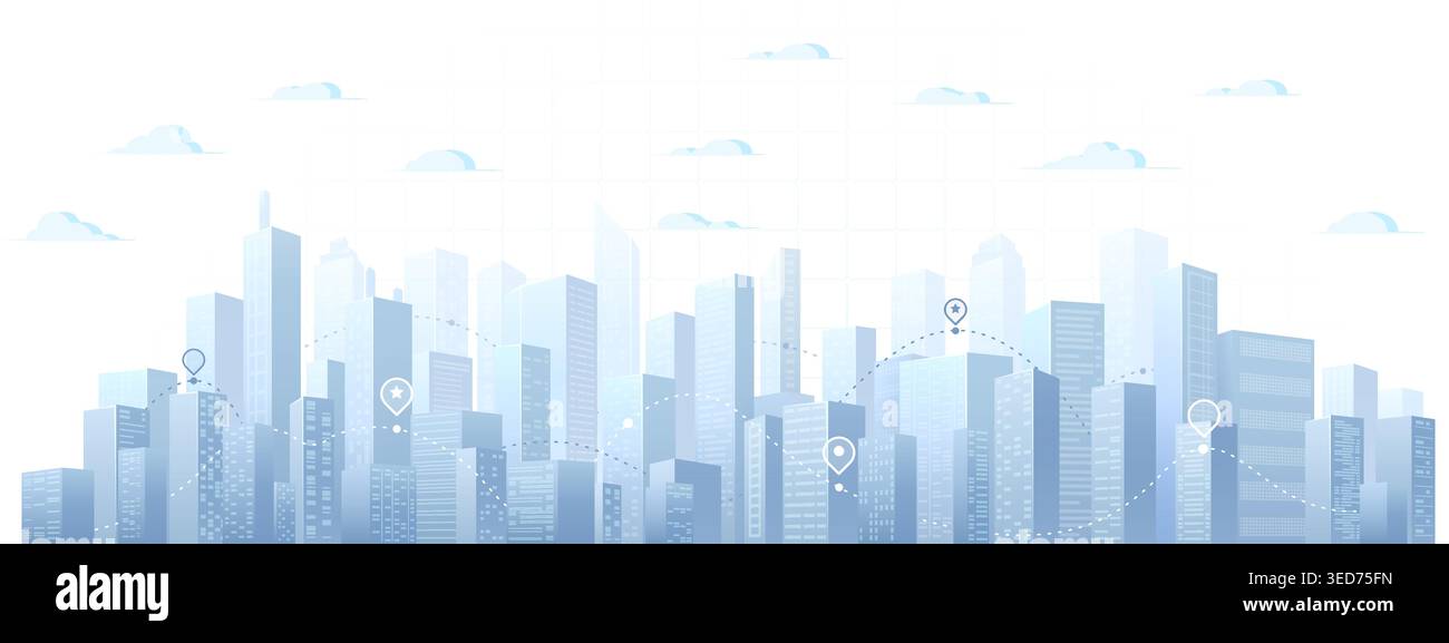 Light blue city skyline panorama with connected navigation route and location markers. Vector illustration. Stock Vector