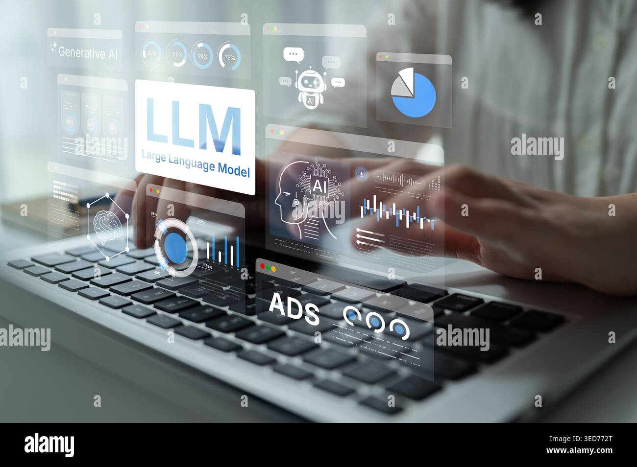 Large Language Model LLM processing data. Represents deep text learning, natural language processing NLP AI tech, transformer architecture, and Stock Photo