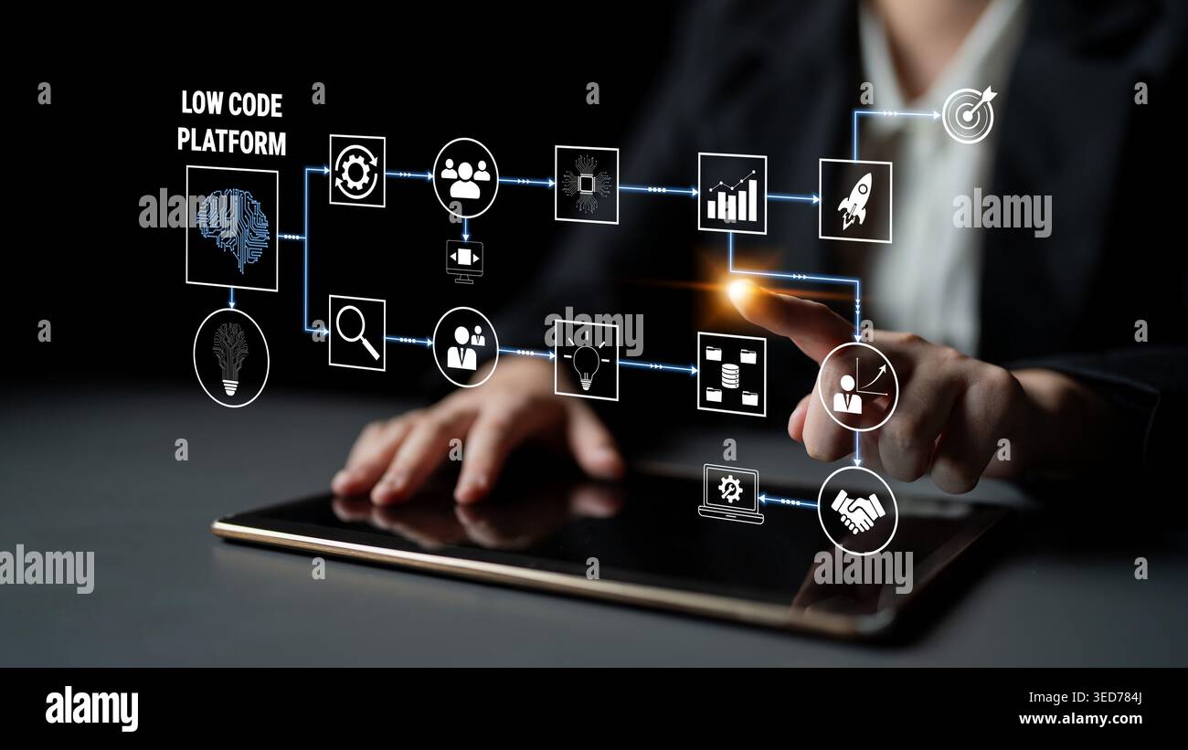 Low Code Platform Concept with Digital Icons Representing Workflow, Innovation, and Automation in Business Environment for Efficient Development Stock Photo