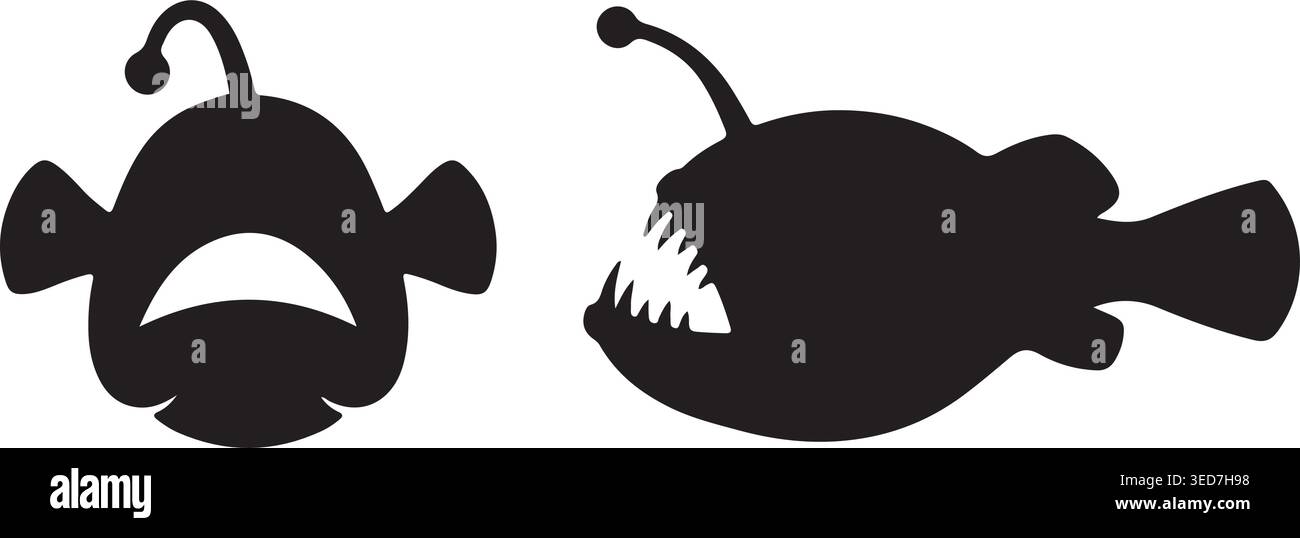 Angler Fish Silhouette Vector Set for Deep Sea Marine Life and Aquatic Illustration Stock Vector