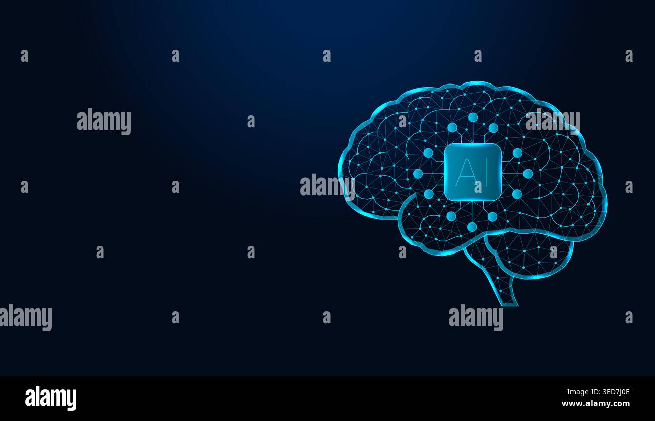 Low poly wireframe human brain artificial intelligence on dark blue background. Stock Vector