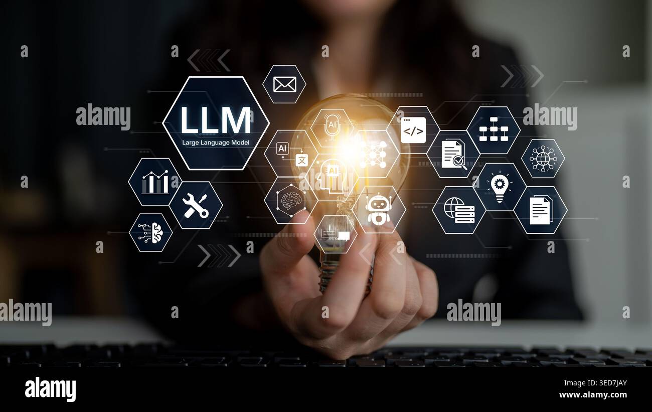 Large Language Model LLM processing data. Represents deep text learning, natural language processing NLP AI tech, transformer architecture, and Stock Photo