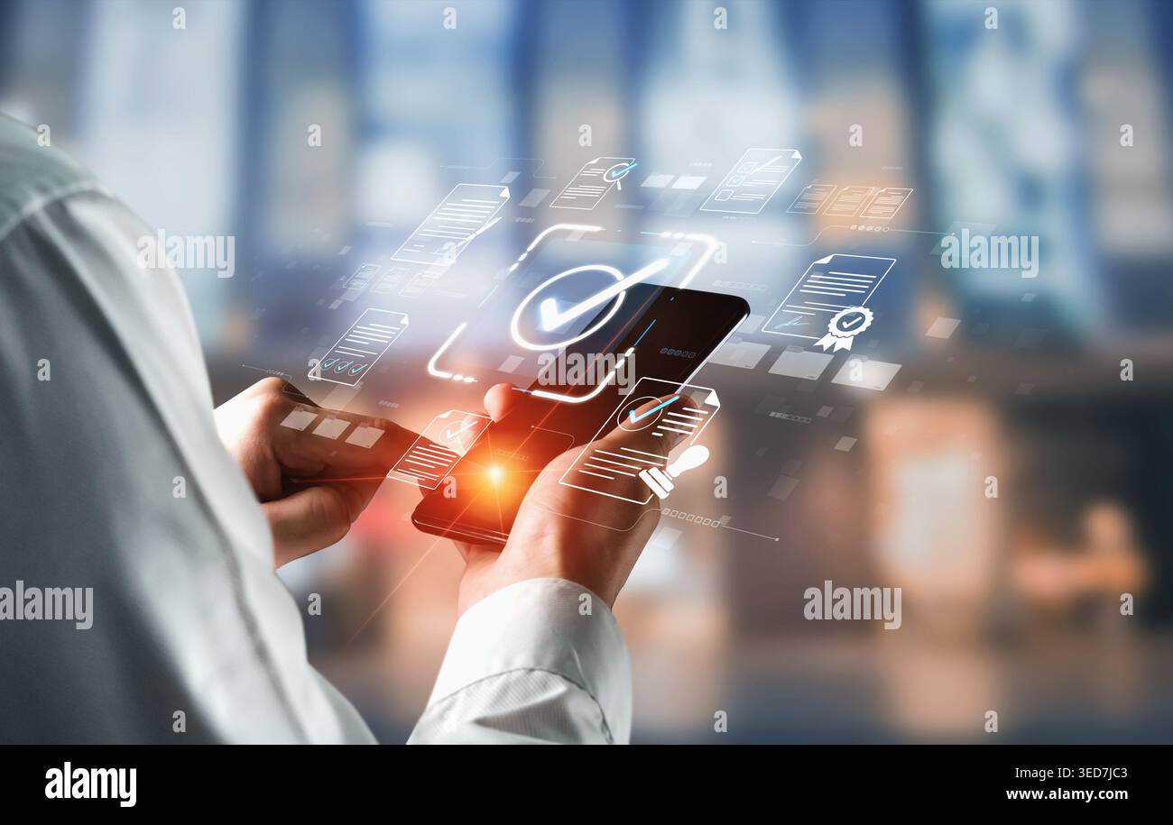 Modern Smartphone in User Hands Displaying Digital Interface with Security Checkmarks, Cloud Technology and Innovative Design Elements in Vibrant Stock Photo