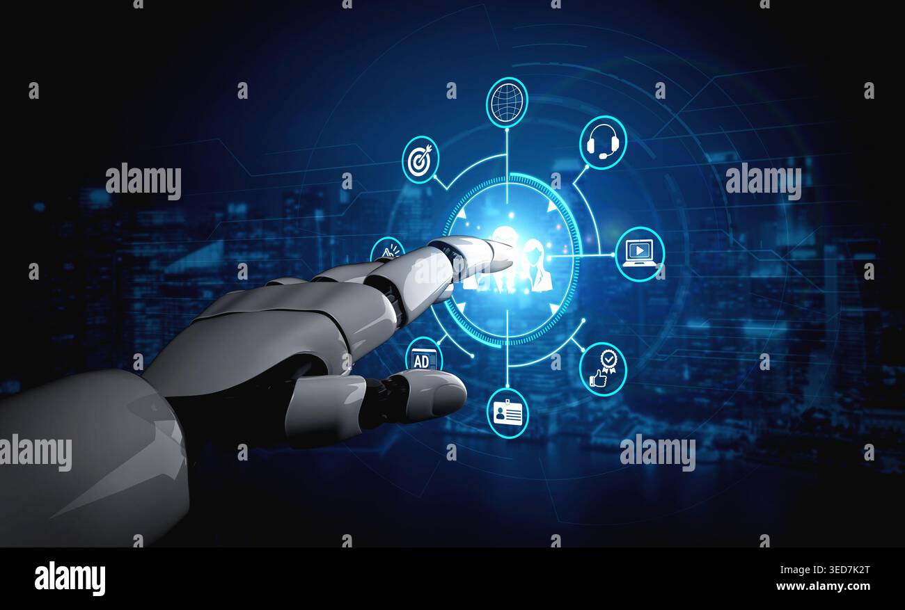 Futuristic Robotic Hand Interacting with Digital Interface and Data Visualization in a High-Tech Urban Environment Fluxor. Stock Photo