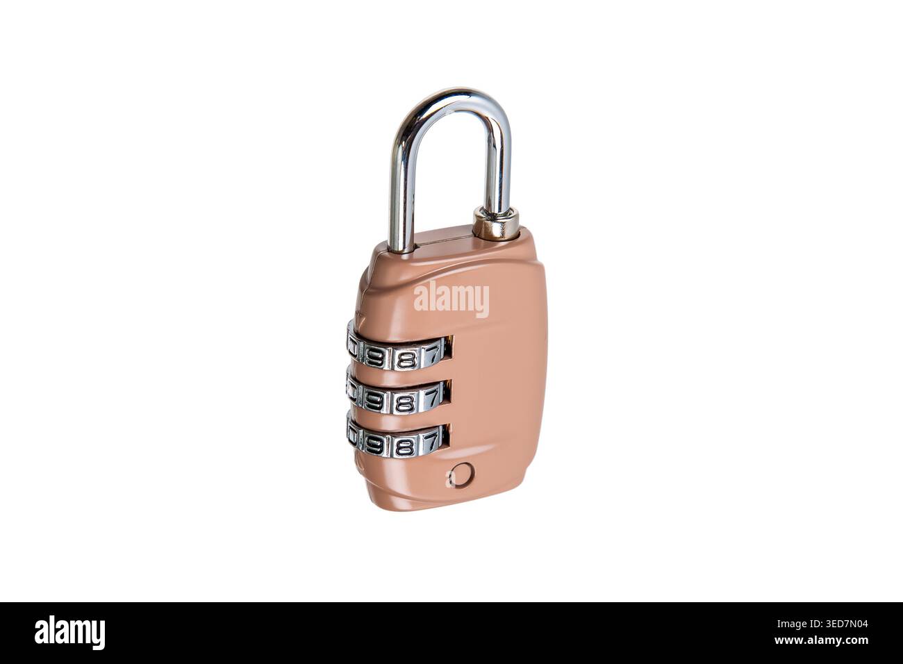 Beige three-digit combination padlock isolated on white background. Stock Photo